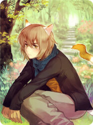 Rule 34 | 1boy, anger vein, animal ears, black jacket, blue scarf, cat boy, cat ears, cat tail, closed mouth, commentary, forest, from side, grass, jacket, konoe (lamento), lamento, light brown hair, looking at viewer, male focus, nature, open clothes, open jacket, orange shirt, outdoors, pants, scarf, shirt, short hair, solo, squatting, stairs, tail, tree, twinklelinda90625, upper body, white pants, yellow eyes