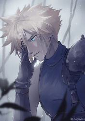 Rule 34 | 1boy, armor, belt, blonde hair, blue eyes, blue shirt, cloud strife, crying, earrings, final fantasy, final fantasy vii, final fantasy vii remake, forgotten city, gloves, jewelry, shirt, shoulder armor, solo, spiked hair, square enix, suspenders, sylvia m, tears, turtleneck