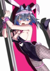 Rule 34 | 1girl, @ @, absurdres, animal ears, blue eyes, blue hair, breasts, cuffed, cuffs, fishnet pantyhose, fishnets, hair intakes, heart, high heels, highres, hololive, hololive english, large breasts, leg up, leotard, mizuhasi, ouro kronii, pantyhose, playboy bunny, rabbit ears, rabbit hole (vocaloid), rabbit tail, tail, thigh strap, virtual youtuber