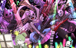 Rule 34 | annoyed, bird, black pants, black shirt, breasts, bremen (project moon), cat mask, chicken, cleavage, dark skin, dog, drum, formal, green hair, horse, instrument, jacket, kankan33333, library of ruina, long hair, mask, meow (project moon), mumu (project moon), musical note, necktie, netzach (project moon), oink (project moon), open mouth, painting (action), pants, pig mask, pink skirt, playing guitar, project moon, rabbit mask, shirt, skirt, smile, socks, spotlight, suit, the silent orchestra, thumbs up, trumpet, white hair
