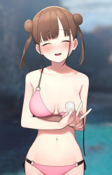 Rule 34 | 1girl, absurdres, bikini, blurry, blurry background, blush, breasts, brown hair, closed eyes, covering nipples, covering privates, day, double bun, facing viewer, hair bun, highres, idolmaster, idolmaster shiny colors, large breasts, navel, open mouth, outdoors, pink bikini, seashell, shell, short twintails, signalviolet, solo, sonoda chiyoko, string bikini, swimsuit, twintails, v
