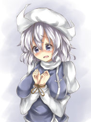 Rule 34 | 1girl, bdsm, between breasts, blue eyes, blush, bondage, bound, bound wrists, breasts, deetamu, female focus, hat, highres, letty whiterock, open mouth, rope, silver hair, solo, tam-out (datam), touhou, upper body
