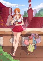Rule 34 | 1boy, 1girl, absurdres, animal ears, antlers, antlers through headwear, avenora, backpack, bag, bracelet, braid, cloud, cloudy sky, cotton candy, day, earrings, food, full body, hat, height difference, highres, holding, holding food, horns, house, jewelry, long hair, looking at another, nami (one piece), one piece, orange hair, reindeer antlers, sky, tony tony chopper, twin braids, twintails
