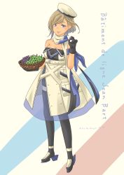 Rule 34 | 1girl, absurdres, bare shoulders, beret, black thighhighs, blonde hair, blue eyes, blue hair, breasts, character name, commentary request, dress, food, fruit, full body, gradient hair, grapes, hat, highres, jean bart (kancolle), kantai collection, medium breasts, mole, mole under eye, multicolored clothes, multicolored hair, multicolored scarf, pot-de, scarf, short hair, solo, standing, strapless, strapless dress, thighhighs, two-tone headwear, white dress, white hat
