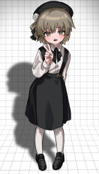 Rule 34 | 1girl, absurdres, arm behind back, beret, black hat, black ribbon, black skirt, blush, brown eyes, brown hair, collared shirt, commentary request, flower, full body, grid background, hair ribbon, hand up, hat, hat flower, hatoba tsugu, highres, kinako marumaru, long sleeves, looking at viewer, mole, mole under eye, neck ribbon, open mouth, pantyhose, pigeon-toed, ribbon, shadow, shirt, shirt tucked in, short hair, single hair ring, skirt, sleeve cuffs, smile, solo, standing, suspender skirt, suspenders, tsugu (vtuber), v, virtual youtuber, white background, white flower, white pantyhose, white shirt