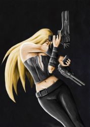 Rule 34 | belt, blonde hair, capcom, corset, devil may cry (series), devil may cry 4, goth fashion, gun, highres, long hair, trish (devil may cry), weapon