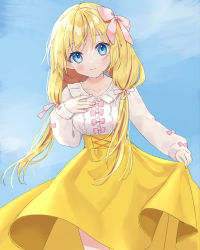 Rule 34 | 1girl, blonde hair, blue eyes, blue sky, blush, bow, breasts, closed mouth, collarbone, collared shirt, commentary request, day, elf, high-waist skirt, highres, long sleeves, low twintails, medium breasts, original, outdoors, pink bow, pointy ears, puffy long sleeves, puffy sleeves, rimo, shirt, skirt, sky, sleeves past wrists, smile, solo, twintails, white shirt, yellow skirt