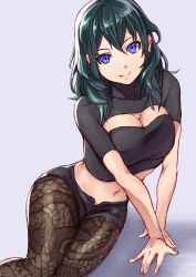 Rule 34 | 1girl, absurdres, arm support, black shirt, black shorts, blouse, breasts, brown pantyhose, byleth (female) (fire emblem), byleth (fire emblem), cleavage, cleavage cutout, closed mouth, clothing cutout, commentary request, covered collarbone, cowboy shot, fire emblem, fire emblem: three houses, green hair, hair between eyes, highres, ikastak, lace, lace-trimmed legwear, lace trim, large breasts, long hair, looking at viewer, midriff, navel, nintendo, pantyhose, pantyhose under shorts, patterned clothing, print pantyhose, purple eyes, shadow, shirt, short shorts, short sleeves, shorts, sidelocks, simple background, sitting, smile, solo, yokozuwari
