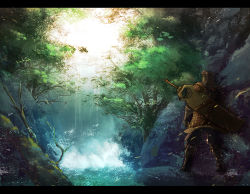 Rule 34 | capcom, forest, keiji asakawa, letterboxed, monster hunter (series), nature, scenery, solo, sword, tree, water, waterfall, weapon, wind