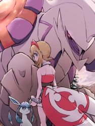 Rule 34 | 1girl, aqua eyes, ayo (ayosanri009), blonde hair, bracelet, closed mouth, collar, commentary request, creatures (company), day, eyelashes, game freak, gen 4 pokemon, glaceon, green bag, hairband, highres, irida (pokemon), jewelry, legendary pokemon, looking at viewer, looking back, nintendo, outdoors, palkia, palkia (origin), pokemon, pokemon (creature), pokemon legends: arceus, red hairband, red shirt, shirt, short hair, shorts, shoulder blades, signature, standing, tree, waist cape