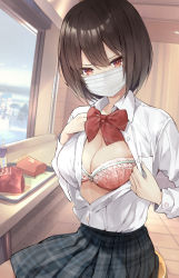 Rule 34 | 1girl, absurdres, bow, bra, breasts, brown hair, burger, cleavage, drinking straw, fast food, food, french fries, highres, looking at viewer, masco, mask, medium breasts, milk carton, mouth mask, open clothes, original, pink bra, plaid, plaid skirt, pleated skirt, red bow, red eyes, red neckwear, school uniform, self exposure, shirt, short hair, sitting, skirt, solo, surgical mask, underwear, white shirt