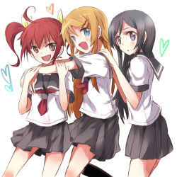 3girls ahoge aragaki_ayase black_hair blue_eyes brown_eyes fang hair_ribbon heart kneehighs kousaka_kirino kurusu_kanako long_hair maromi_(am97) multiple_girls orange_hair ore_no_imouto_ga_konna_ni_kawaii_wake_ga_nai purple_eyes red_hair ribbon school_uniform serafuku skirt socks twintails