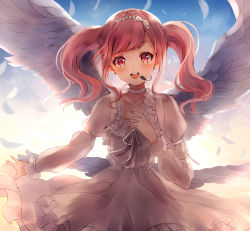 Rule 34 | 10s, 1girl, :d, bang dream!, blush, choker, collarbone, dress, feathered wings, feathers, frills, hairband, headset, highres, long sleeves, looking at viewer, maruyama aya, multiple wings, neck ribbon, nogi momoko, open mouth, pink eyes, pink hair, ribbon, round teeth, sidelocks, smile, solo, teeth, tied sleeves, twintails, upper teeth only, white choker, white dress, white feathers, white ribbon, white wings, wings