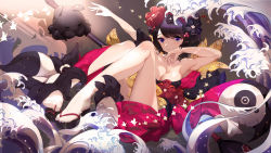 Rule 34 | 1girl, absurdres, armpits, bare shoulders, black hair, blue eyes, breasts, chinese commentary, cleavage, closed mouth, collarbone, commentary request, fate/grand order, fate (series), flower, hair flower, hair ornament, hand on own chin, highres, japanese clothes, katsushika hokusai (fate), kimono, large breasts, legs together, looking at viewer, obi, oversized object, paintbrush, sandals, sash, short hair, sleeveless, sleeveless kimono, smile, socks, solo, swept bangs, tabi, tokitarou (fate), white socks, xiaoshan jiang, zouri
