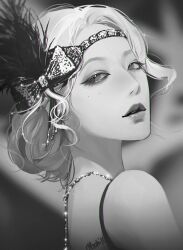 Rule 34 | 1girl, bow, commentary, eyeshadow, feathers, from side, g-i-dle, greyscale, hair bun, highres, hoki11, jewelry, k-pop, looking at viewer, makeup, mole, mole under eye, monochrome, necklace, nxde (g-i-dle), parted lips, real life, single hair bun, solo, symbol-only commentary, yeh shuhua