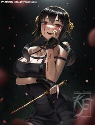 Rule 34 | 1girl, artist logo, artist name, black gloves, black hair, blood, blood on breasts, blood on face, blood splatter, bloody weapon, blurry edges, breasts, cleavage, dagger, falling petals, fingerless gloves, gloves, gold hairband, hairband, hand on own cheek, hand on own face, highres, knife, knightfang, large breasts, long hair, patreon username, petals, red eyes, solo, spy x family, stiletto (weapon), weapon, yor briar