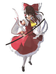 Rule 34 | 1girl, ascot, bow, brown eyes, brown hair, detached sleeves, frills, from above, full body, gohei, hair between eyes, hair bow, hair tubes, hakurei reimu, highres, holding, holding stick, long hair, looking at viewer, red bow, red skirt, ribbon-trimmed sleeves, ribbon trim, shirt, shoes, skirt, solo, standing, stick, teasmacker, touhou, white legwear, wide sleeves