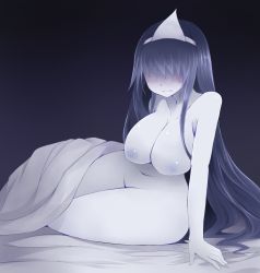 Rule 34 | 1girl, arano oki, bed sheet, black hair, blush, breasts, curvy, female focus, ghost, gradient background, hair over eyes, large breasts, long hair, navel, nipples, nude, okiku (banchou sarayashiki), pale skin, sitting, solo, thick thighs, thighs, touhou, triangular headpiece, very long hair, wide hips