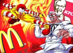 Rule 34 | bad id, bad pixiv id, belt, clenched teeth, colonel sanders, facial hair, fighting stance, fire, flying kick, formal, glasses, kfc, kicking, lipstick, logo, makeup, mcdonald&#039;s, muscular, mustache, necktie, open mouth, red footwear, red hair, red nose, ronald mcdonald, shoes, socks, striped clothes, striped legwear, striped socks, suit, teeth, warugaki (sk-ii), white hair, white suit