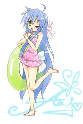 Rule 34 | 1girl, :3, anklet, back bow, barefoot, blue hair, blush, bow, bracelet, full body, green eyes, hair bow, holding, holding swim ring, innertube, izumi konata, jewelry, long hair, looking at viewer, lucky star, one-piece swimsuit, one eye closed, open mouth, polka dot, polka dot one-piece swimsuit, polka dot swimsuit, sketch, smile, snowclover, solo, standing, standing on one leg, swim ring, swimsuit, very long hair
