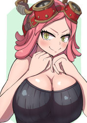 Rule 34 | 1girl, blush, boku no hero academia, breasts, cleavage, crosshair pupils, goggles, goggles on head, hatsume mei, large breasts, looking at viewer, medium hair, pauel, pink hair, smile, solo, symbol-shaped pupils, unusual pupils, upper body