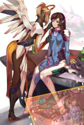 Rule 34 | 2girls, aurora rokudo, blonde hair, bodysuit, breasts, brown eyes, brown hair, cosmetics, d.va (overwatch), facepaint, facial mark, gloves, halo, headphones, high ponytail, highres, lips, lipstick, lipstick tube, long hair, looking at another, makeup, mechanical halo, mechanical wings, medium breasts, mercy (overwatch), multiple girls, one eye closed, overwatch, overwatch 1, pantyhose, pilot suit, ponytail, sitting, skin tight, smile, swept bangs, whisker markings, white gloves, wings