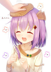 Rule 34 | 1girl, :3, :d, ^ ^, beret, blush, brown hat, brown ribbon, closed eyes, collarbone, commentary request, copyright request, facing viewer, gem, hair between eyes, hair ribbon, hands up, hat, headpat, highres, long hair, long sleeves, minarai shachou, open mouth, purple hair, ribbon, shirt, simple background, smile, solo focus, translation request, white background, white shirt