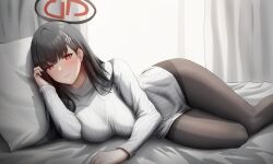 Rule 34 | 1girl, absurdres, black hair, black pantyhose, blue archive, blush, breasts, closed mouth, gileu, hair ornament, halo, highres, indoors, large breasts, long hair, long sleeves, looking at viewer, pantyhose, pillow, red eyes, rio (blue archive), solo, sweater, thighs, white sweater