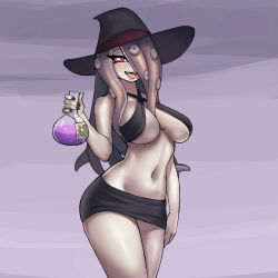 Rule 34 | 1girl, aged up, alternate breast size, alternate costume, alternate hairstyle, alternative body build, black hat, breasts, breasts apart, cleavage, donburi (donburikazoku), flask, hair between eyes, hair over one eye, halterneck, hat, highres, holding, holding flask, large breasts, legs together, little witch academia, long hair, long tentacles, looking at viewer, miniskirt, nail polish, naughty face, navel, no bra, octoling, octopus, one eye covered, open clothes, open mouth, pale skin, pencil skirt, potion, revealing clothes, round-bottom flask, simple background, skirt, smile, solo, standing, sucy manbavaran, swimsuit, tentacle between breasts, tentacle hair, tight clothes, tight miniskirt, tight skirt, tongue, tongue out, underboob, wide hips, witch, witch hat