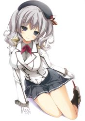 Rule 34 | 10s, 1girl, absurdres, beret, black socks, breasts, closed mouth, collar, collared shirt, epaulettes, frilled sleeves, frills, full body, gloves, grey hair, hat, highres, kantai collection, karory, kashima (kancolle), kneehighs, pleated skirt, purple eyes, shirt, silhouette, simple background, skirt, skirt hold, smile, socks, solo, twintails, uniform, white background, white theme, wings