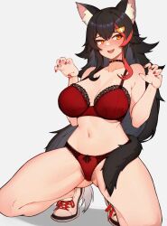 Rule 34 | 1girl, :d, animal ear fluff, animal ears, averting eyes, black choker, black hair, bra, breasts, choker, claw pose, female pubic hair, hair ornament, hairclip, highres, hololive, large breasts, long hair, multicolored hair, ookami mio, open mouth, panties, pubic hair, pubic hair peek, red bra, red hair, red nails, red panties, shoes, simple background, smile, solo, squatting, streaked hair, tail, underwear, varniskarnis, very long hair, virtual youtuber, white background, white footwear, wolf ears, wolf tail