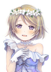 Rule 34 | 10s, 1girl, brown hair, cotton (shikiori), dress, flower, gloves, hair flower, hair ornament, head wreath, koizumi hanayo, looking at viewer, love live!, love live! school idol project, open mouth, purple eyes, short hair, simple background, smile, solo, yume no tobira