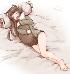 Rule 34 | 1girl, animal ears, barefoot, bed sheet, between legs, bottomless, brown hair, closed eyes, commentary, dated, fang, holo, hug, hugging own tail, hugging tail, kagikake, long hair, long sleeves, open mouth, pillow, revision, signature, sleeping, solo, spice and wolf, tail, tail between legs, twitter username, wolf ears, wolf tail