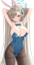 Rule 34 | 1girl, animal ears, areola slip, armpits, arms behind head, arms up, asuna (blue archive), asuna (bunny) (blue archive), bare arms, bare shoulders, blonde hair, blue archive, blue eyes, blue leotard, bow, bowtie, breasts, brown pantyhose, cameltoe, cleavage, cleft of venus, covered navel, cowboy shot, detached collar, eyes visible through hair, fake animal ears, grin, groin, hair over one eye, hair ribbon, hairband, halo, heartsix, highleg, highleg leotard, highres, large breasts, leotard, long hair, looking at viewer, mole, mole on breast, official alternate costume, pantyhose, playboy bunny, rabbit ears, ribbon, smile, solo, standing, strapless, strapless leotard, thighband pantyhose, thighs, very long hair, white hairband
