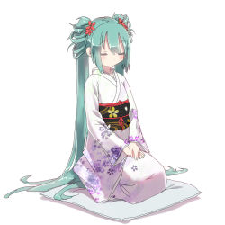 Rule 34 | 1girl, aqua hair, blush, coffee (ecafree2), closed eyes, floral print, flower, full body, green hair, hair between eyes, hair flower, hair ornament, hatsune miku, japanese clothes, kimono, kneeling, long hair, mat, seiza, simple background, sitting, solo, twintails, very long hair, vocaloid, white background