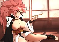 Rule 34 | 1girl, absurdres, aikuxa, amputee, baiken, big hair, black footwear, boots, breasts, breasts out, cleavage, eyepatch, facial tattoo, guilty gear, guilty gear xrd, high collar, high ponytail, highres, huge filesize, japanese clothes, kimono, looking at viewer, nipples, no bra, obi, one-eyed, open clothes, open kimono, pink eyes, pink hair, pink lips, smoking pipe, samurai, sash, scar, scar across eye, scar on face, shouji, sitting, skull print, sliding doors, smile, smoking, solo, tattoo, toeless footwear, toes, yokozuwari