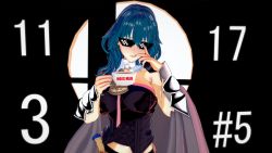 Rule 34 | 1girl, blue hair, breasts, byleth (female) (fire emblem), byleth (fire emblem), cape, cleavage, cup, fire emblem, fire emblem: three houses, highres, hoes mad (meme), holding, large breasts, looking at viewer, meme, nintendo, short hair, shorts, solo, standing, sunglasses, super smash bros., sword, symbol, weapon