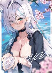 1girl absurdres black_choker black_dress black_halo blue_archive blue_eyes blurry blurry_background blush breasts bright_pupils cherry_blossoms choker cleavage closed_mouth collarbone commentary_request cross_hair_ornament dress flower french_text grey_hair hair_between_eyes hair_ornament halo highres kuroshiro_kanae large_breasts long_hair long_sleeves looking_at_viewer pink_flower shiroko_(blue_archive) shiroko_terror_(blue_archive) smile solo upper_body white_pupils