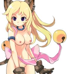 Rule 34 | 10s, 1girl, animal ears, blonde hair, breasts, cat (trickster), cat ears, cat tail, collar, female pubic hair, gloves, long hair, nipples, nude, nude filter, pubic hair, purple eyes, solo, tail, third-party edit, trickster (ntreev soft)