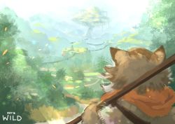 Rule 34 | animal ears, commentary, english commentary, forest, from behind, furry, green theme, highres, holding, meowskers, nature, outdoors, runemill, scenery, shadowverse, sketch, tree