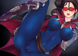 Rule 34 | 1girl, anus, belt, black hair, blush, bodysuit, boots, cameltoe, cape, cleft of venus, covered navel, gauntlets, hina kitty, league of legends, lips, long hair, looking at viewer, nose, ponytail, red-tinted eyewear, red-tinted glasses, skin tight, solo, spread legs, sunglasses, tinted eyewear, vayne (league of legends)