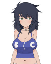 Rule 34 | 10s, 1girl, andou (girls und panzer), black hair, black ribbon, blue shirt, breasts, camisole, casual, cleavage, closed mouth, dark-skinned female, dark skin, girls und panzer, green eyes, large breasts, light frown, long hair, looking at viewer, messy hair, navel, neck ribbon, no bra, panties, ribbon, shirt, simple background, solo, standing, underwear, underwear only, upper body, wata do chinkuru, white background, white panties