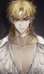 Rule 34 | 1boy, absurdres, blonde hair, collarbone, collared shirt, dio brando, eyelashes, grey background, hair between eyes, highres, jojo no kimyou na bouken, long hair, looking at viewer, madengx, male focus, messy hair, pectoral cleavage, pectorals, phantom blood, red eyes, shadow, shirt, solo, stitched neck, stitches, upper body, white shirt