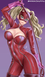 Rule 34 | 1girl, arm up, baileymcpatty, blonde hair, blue eyes, bodysuit, boots, breasts, cat mask, catsuit, covered navel, full-length zipper, gloves, holding, holding whip, large breasts, long hair, looking at viewer, mask, patreon username, persona, persona 5, pink gloves, purple background, red bodysuit, shrug (clothing), signature, smile, solo, takamaki anne, thigh boots, twintails, zipper