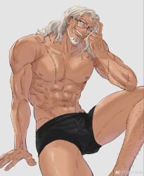Rule 34 | 1boy, abs, bara, beard, black male underwear, boxer briefs, bulge, facial hair, feet out of frame, glasses, grin, highres, knee up, large pectorals, long hair, looking to the side, male focus, male underwear, mature male, mcbuckwheat, muscular, muscular male, mustache, mustache stubble, navel, nipples, old, old man, one piece, pectorals, playing with own hair, seductive smile, silvers rayleigh, sitting, smile, solo, sparse leg hair, stomach, stubble, thick thighs, thighs, topless male, underwear, white background, white hair, wrinkled skin