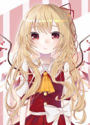 Rule 34 | 1girl, ascot, blonde hair, blush, bow, closed mouth, commentary request, crystal, eringi (rmrafrn), flandre scarlet, hair ribbon, long hair, looking at viewer, messy hair, orange ascot, pleated skirt, puffy short sleeves, puffy sleeves, red eyes, red ribbon, red skirt, red vest, ribbon, shirt, short sleeves, skirt, skirt set, solo, sweat, touhou, very long hair, vest, white bow, white shirt, wings