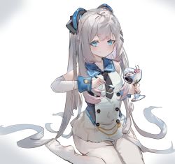 Rule 34 | 1girl, azur lane, bare shoulders, black necktie, blue eyes, breasts, cherry, closed mouth, commentary request, cup, dress, food, fruit, grey hair, halsey powell (azur lane), highres, holding, holding cup, holding spoon, long hair, long sleeves, looking at viewer, necktie, no shoes, sitting, sleeveless, sleeveless dress, sleeves past wrists, small breasts, smile, soles, solo, spoon, thighhighs, tota (sizukurubiks), very long hair, wariza, white dress, white thighhighs