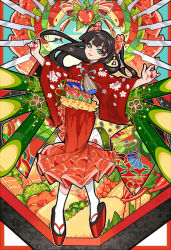Rule 34 | 1girl, :3, arms up, artist name, bento, black hair, blunt bangs, border, bow, character request, commentary request, copyright request, dawn church, dot nose, egasumi, eyelashes, eyeshadow, floral print, food, food-themed clothes, food-themed hair ornament, full body, green eyes, hair ornament, hair over shoulder, half-closed eyes, japanese clothes, kimono, knife, long hair, long sleeves, looking at viewer, lotus root, makeup, nail polish, nengajou, new year, obi, okobo, original, parted bangs, parted lips, platform clogs, print kimono, red border, red kimono, red nails, sandals, sash, shrimp, shrimp tempura, solo, tabi, tassel, tempura, thick eyebrows, two side up, white legwear, wide sleeves