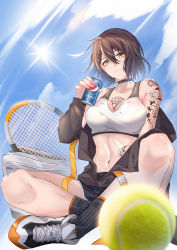 Rule 34 | 1girl, 333 (pixiv8601259), absurdres, ahoge, azur lane, ball, baltimore (azur lane), baltimore (black ace) (azur lane), bare shoulders, black shorts, blue sky, blush, braid, breasts, brown hair, can, choker, cleavage, cloud, day, drink can, hair between eyes, hair ornament, highres, indian style, jacket, large breasts, long sleeves, looking at viewer, open clothes, open jacket, pepsi, racket, shoes, short hair, short shorts, shorts, sitting, sky, smile, sneakers, soda can, solo, sports bra, sun, sunlight, tattoo, tennis ball, tennis racket, towel, yellow eyes