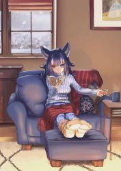 Rule 34 | 1girl, 910m27r, animal ears, black hair, blanket, blue eyes, book, casual, chair, contemporary, cup, day, denim, easy chair, full body, grey wolf (kemono friends), hand up, heterochromia, holding, holding book, indoors, jeans, kemono friends, long hair, long sleeves, looking at object, multicolored hair, open book, outstretched legs, pants, parted lips, pillow, reaching, reading, sitting, snow, snowing, socks, solo, steam, sweater, two-tone hair, white hair, window, wolf ears, yellow eyes